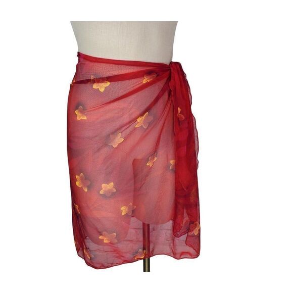 Athena Swimsuit Skirt Cover Up Red Floral Ties Sheer New - Picture 1 of 7